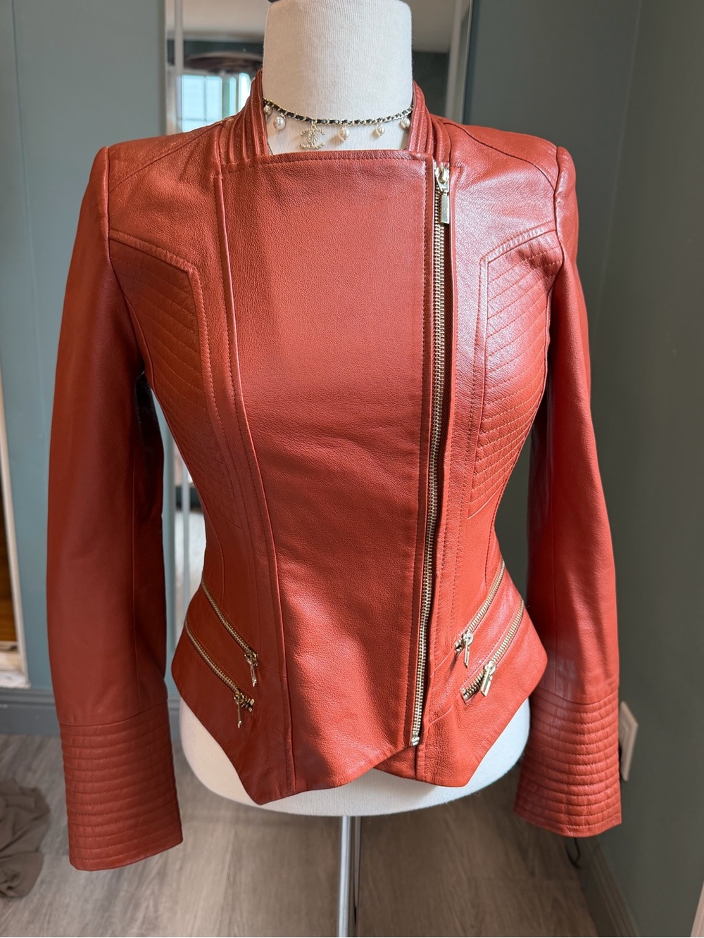 Vintage Dust red Genuine Pigskin Leather Cropped Moto Jacket S